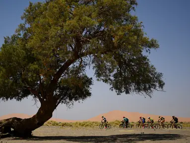 Para pebalap mengendarai sepeda pada etape 1 edisi ke 14 balap sepeda gunung Titan Gurun 2019 di sekitar Kota Merzouga, Maroko, Minggu (28/4/2019). Trek Titan Gurun 2019 sepanjang 640 km menghubungkan antara Merzouga dan Maadid berlangsung pada 28 April-3 Mei 2019. (Franck Fife / AFP)