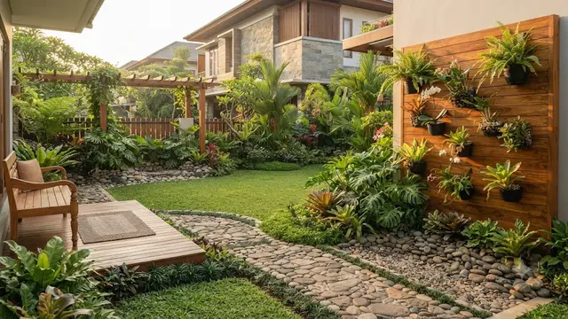Inspirasi Taman dengan Unsur Kayu dan Batu Kali
