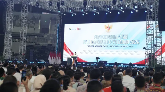 Presiden Prabowo Subianto pada acara memperingati Hari Koperasi Nasional ke-79 yang digelar di Indonesia Arena, Senayan, Jakarta, Minggu (12/7/2026). Dok Bakom