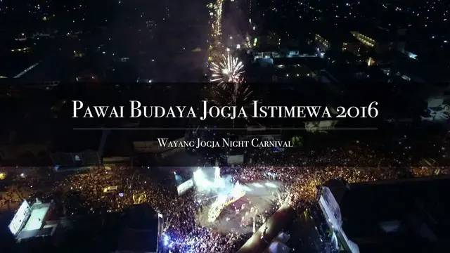 Dalam rangka HUT ke-260 Kota Yogyakarta, Dinas Pariwisata dan Kebudayaan Kota Yogyakarta menyelenggarakan pawai budaya bertajuk Wayang Jogja Night Carnival. Pawai budaya ini melibatkan 14 kecamatan 45 kelurahan dan setiap kecamatan berisi 50-100 oran...