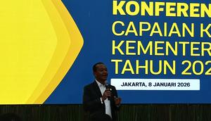 Menteri Energi dan Sumber Daya Mineral (ESDM) Bahlil Lahadalia dalam  Konferensi Pers Capaian Kinerja Sektor ESDM Tahun 2025 di kantornya, Jakarta Kamis (8/1/2026). (Liputan6.com/Maulandy)
