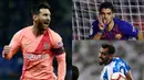 Lionel Messi kembali puncaki daftar top scorer La Liga hingga pekan ke-15. Raihan tersebut diraih usai Messi berhasil mencetak dua gol saat mengantarkan Barcelona meraih kemenangan kontra Espanyol. (Kolase Foto AFP)