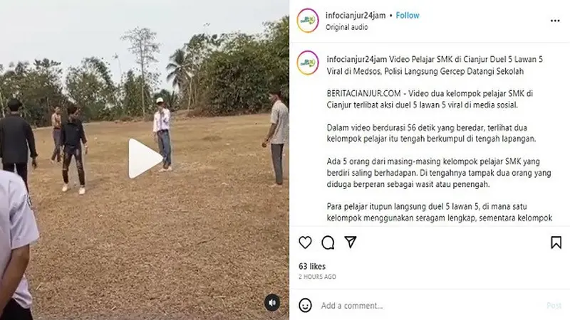 Viral video pelajar SMK terlibat duel 5 vs 5 di Cianjur, Jawa Barat. (Instagram @infocianjur24jam)