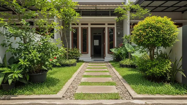 Inspirasi Taman Tropis Mini untuk Rumah Subsidi Model Taman dengan Jalan Setapak Batu