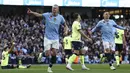 Pemain Manchester City, Erling Haaland merayakan golnya ke gawang Southampton pada laga lanjutan Liga Inggris 2024/2025 yang berlangsung di Etihad Stadium, Manchester, Inggris, Sabtu (26/10/2024). (AP Photo/Darren Staples)