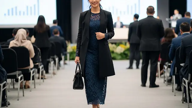 Dress Brokat Navy dengan Longline Blazer Hitam yang Sleek