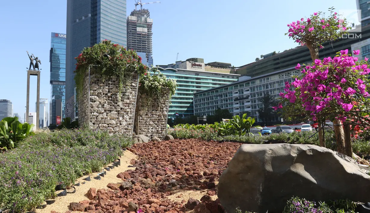 Bunga bougenville amenities menghiasi kawasan Bundaran HI, Jakarta, Rabu (21/8/2019). Pemprov DKI Jakarta menanam sekitar 100.000 bougenville amenities di sepanjang Jalan Jenderal Sudirman hingga Jalan MH Thamrin. (Liputan6.com/Herman Zakharia)