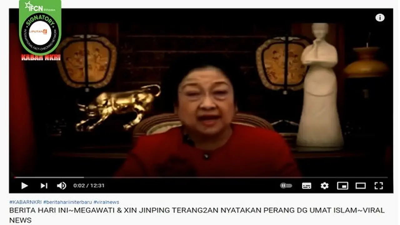 Gambar Tangkapan Layar Kabar Hoaks tentang Megawati dan Xi Jinping Nyatakan Perang Lawan Umat Islam (sumber: YouTube).