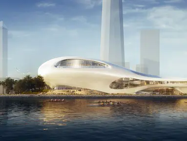 Salah satu usulan desain konsep Lucas Museum dengan lokasi di Treasure Island di San Francisco, AS (1/3). Lucas Museum nantinya akan menampilkan koleksi seni pribadi sang pembuat film legendaris, George Lucas. (Lucas Museum of Narrative Art via AP)