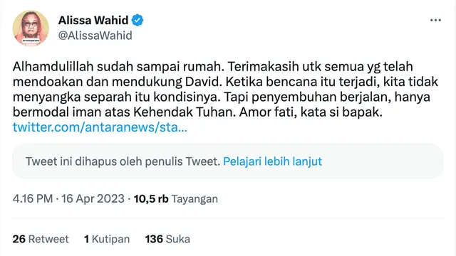 Cuitan Alissa Wahid soal kondisi terkini David Ozora. (Foto: Dok. Twitter @AlissaWahid)