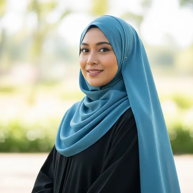 Gamis Hitam dan Hijab Biru Teal untuk Wajah Sawo Matang