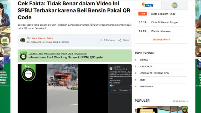 <p>Tangkapan layar artikel Liputan6.com untuk menelusuri klaim video pom bensin dibakar masa karena motor pajak mati tidak boleh isi BBM.</p>