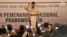 Capres 02 Prabowo Subianto memberikan sambutan saat acara Mengungkap Fakta-Fakta Kecurangan Pilpres 2019 di Jakarta, Selasa (14/5/2019). Dalam acara ini turut hadir para petinggi BPN dan menampilkan bukti-bukti kecurangan Pemilu 2019 yang ditemukan oleh tim BPN. (merdeka.com/Iqbal S Nugroho)