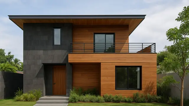 Desain Rumah dengan Kombinasi Batu Alam dan Kayu/via Chat GPT