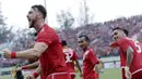 Striker Persija, Marko Simic, melakukan selebrasi usai mencetak gol ke gawang Mitra Kukar pada laga perempat final Piala Presiden di Stadion Manahan, Solo, Minggu, (4/2/2018). Persija menang 3-1 atas Mitra Kukar. (Bola.com/M Iqbal Ichsan)