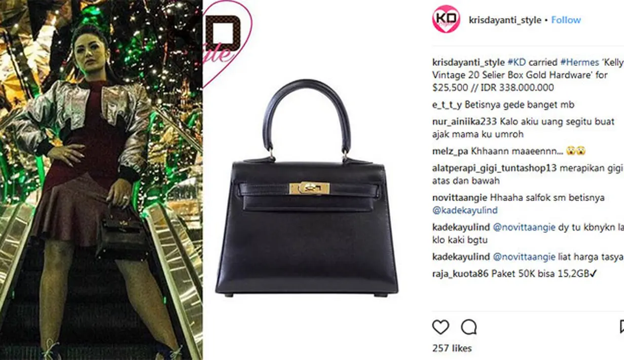 Kecil dan mungil, biasanya tas berbentuk seperti ini dipakai untuk pergi ke pesta. Mengintip harganya, ternyata si mungil yang satu ini bernilai Rp 338.000.000. (Instagram/krisdayanti_style)