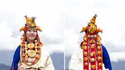 Foto kombinasi ini memperlihatkan aksesori yang dikenakan seorang wanita dalam peragaan busana Tibet di padang rumput Zhaqingtang di Wilayah Sertar, Provinsi Sichuan, China barat daya (7/8/2020). (Xinhua/Jiang Hongjing)