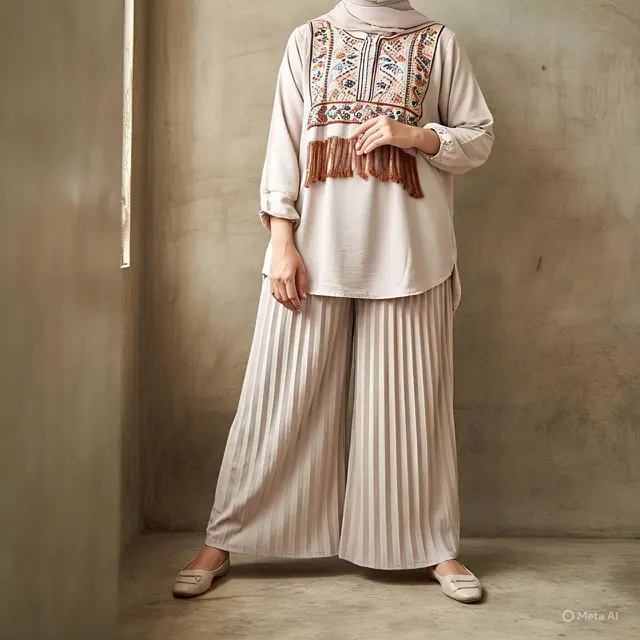 Tunic Bohemian dengan Kulot Plisket