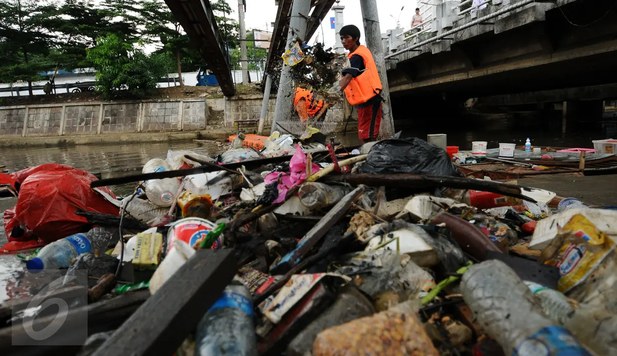 Tumpukan sampah yang berhasil diangkat petugas UPK Badan Air Dinas Kebersihan DKI Jakarta dari badan Kali Ciliwung Kwitang, Jakarta, Senin (10/10). Setiap harinya sekitar 90-220 ton sampah diangkat dari badan air. (Liputan6.com/Helmi Fithriansyah)