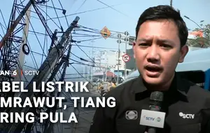 Bahaya! Kabel Listrik Semrawut, Tiangnya Miring Pula