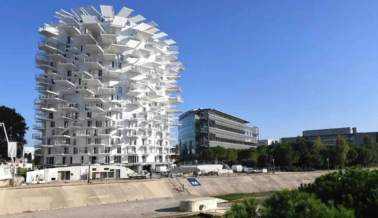 Sebuah bangunan "Arbre Blanc" atau yang berarti Pohon Putih di Montpellier, Prancis, 23 Oktober 2018. Balkon yang dibuat seperti cabang pohon membantu untuk menyerap sinar matahari agar mengurangi pemakaian energi dan emisi karbon. (PASCAL GUYOT/AFP)