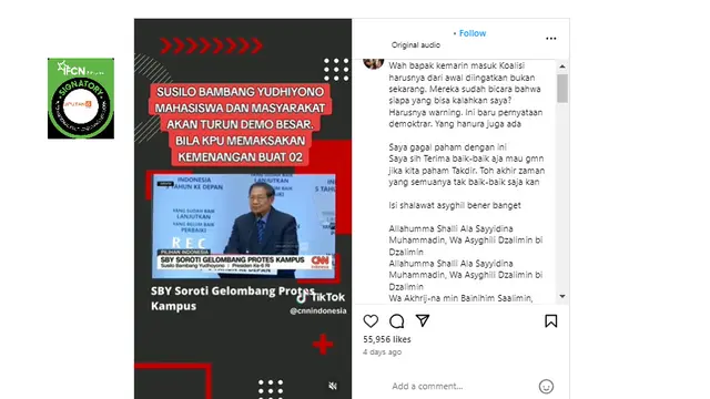 Tangkapan layar klaim video SBY mahasiswa dan masyarakat akan demo besar jika KPU memaksa kemenangan 02