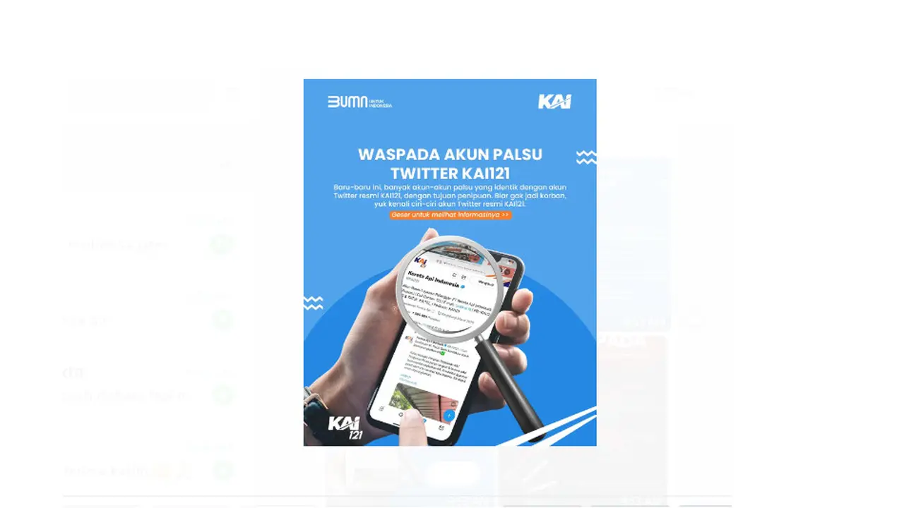 Tangkapan layar imbauan KAI terhadap akun media sosial palsu yang mengatasnamakan Contact Center KAI di platform Twitter