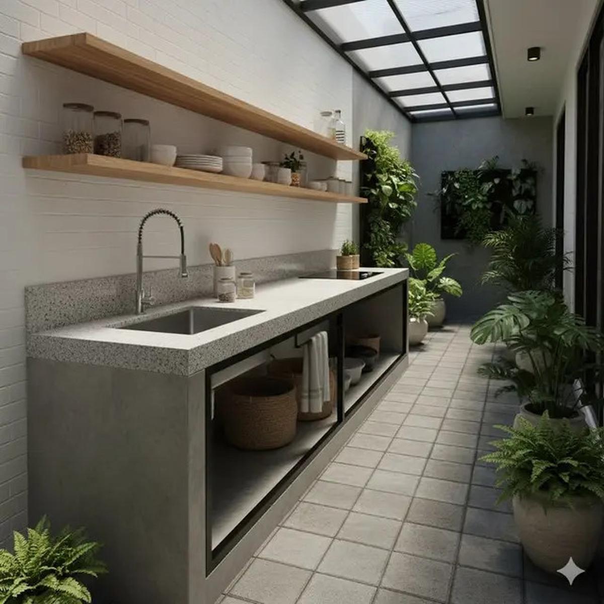 12 Inspirasi Dapur Outdoor Lahan Sempit dengan Meja Cor Minimalis Tren 2025