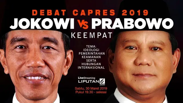 Debat capres keempat di Pilpres 2019, kembali mempertemukan Joko Widodo dengan Prabowo Subianto. Debat akan digelar di Hotel Shangri La, Jakarta Pusat.
