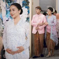 Hamil anak kedua, Nikita Willy gelar syukuran mengenakan kebaya kurung nuansa putih-baby blue dari @studioboh. Kebayanya dipadukan rok warna senada dan kerudung lace. [@nikitawillyofficial94].