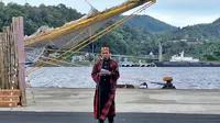 Pj Walikota Sabang Reza Fahlevi dalam acara penyambutan tim Muhibah Budaya Jalur Rempah di Dermaga CT-1 Sabang. (Liputan6.com/Nasrul Faiz)