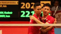Ekspresi pebulutangkis ganda putra Indonesia, Wahyu Nayaka Arya Pankaryanira/Ade Yusuf, setelah menang melawan pebulutangkis Rusia, Vladimir Ivanov/Ivan Sozonov, dalam Kejuaraan Dunia Bulutangkis 2015 di Istora Gelora Bung Karno, Senayan, Jakarta. Rabu (1