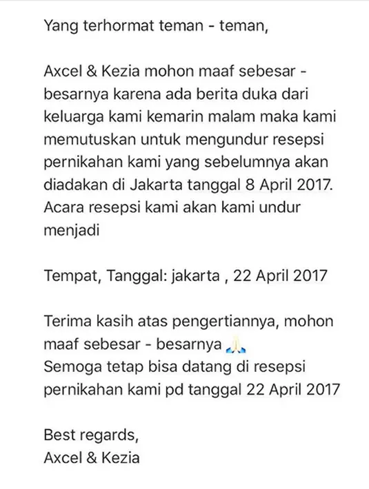 Kabar penundaan acara yang rencananya akan dihelat di Jakarta pada 8 April itu harus diundur pada 22 April mendatang itu juga disampaikan dalam akun Instagram. (Instagram/itskeziakaramoy)
