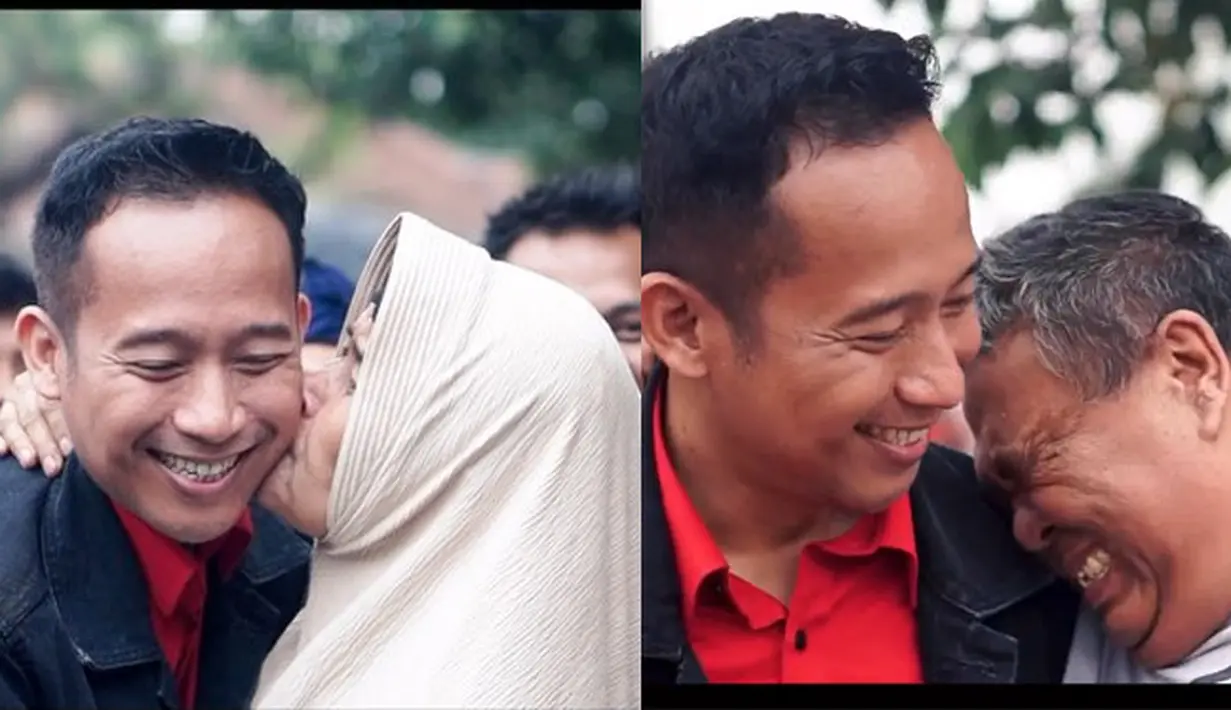 Momen seorang ibu-ibu memeluk dan mencium Denny Cagur. Sedangkan seorang bapak-bapak tampak terharu dengan kedatangan artis yang juga dikenal ramah tersebut. [Instagram/dennycagur]