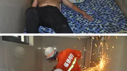 Kombinasi foto yang memperlihatkan saat seorang pria terjebak di mesin cuci (atas) dan saat petugas pemadam kebakaran berusaha menolong pria tersebut di Fuqing, China, 29 Mei 2016. (REUTERS/Stringer)