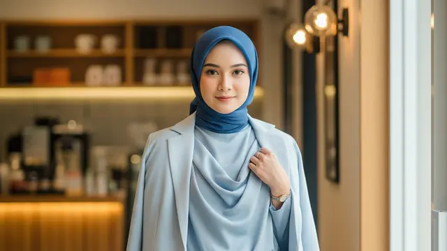 Gamis Satin Flowy dengan Outer Blazer Tipis Warna Senada