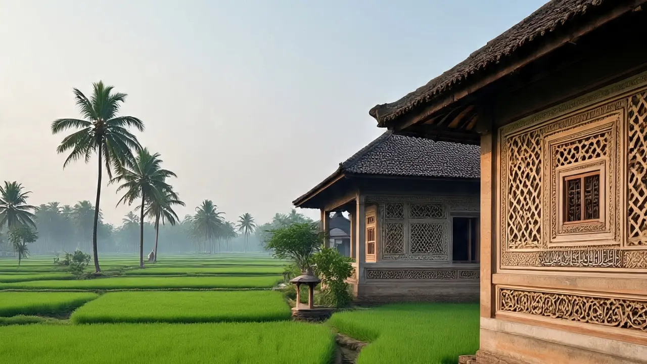 Ilustrasi Rumah Pinggir Sawah (Created by Meta AI)