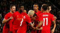 Para pemain Liverpool merayakan gol ke gawang Derby County pada laga putaran ketiga Piala Liga Inggris di Pride Park Stadium, Derby, Selasa (20/9/2016). (Reuters/Andrew Boyers)