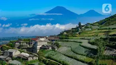Landskap pemukiman dan areal pertanian cukup terjal dengan latar belakang Gunung Sindoro dan Gunung Sumbing di Dusun Bentrokan, Magelang, Jawa Tengah, Senin (6/5/2024). (merdeka.com/Arie Basuki)