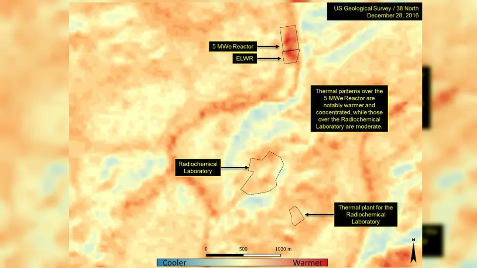 Hasil penginderaan kerjasama US Geological Survey dan North 38 pada December 2016 di atas menunjukkan lokasi aktivitas termal di sejumlah titik yang diduga sebagai pusat pengembangan nuklir Korea Utara (Sumber: US Geological Survey - North 38)
