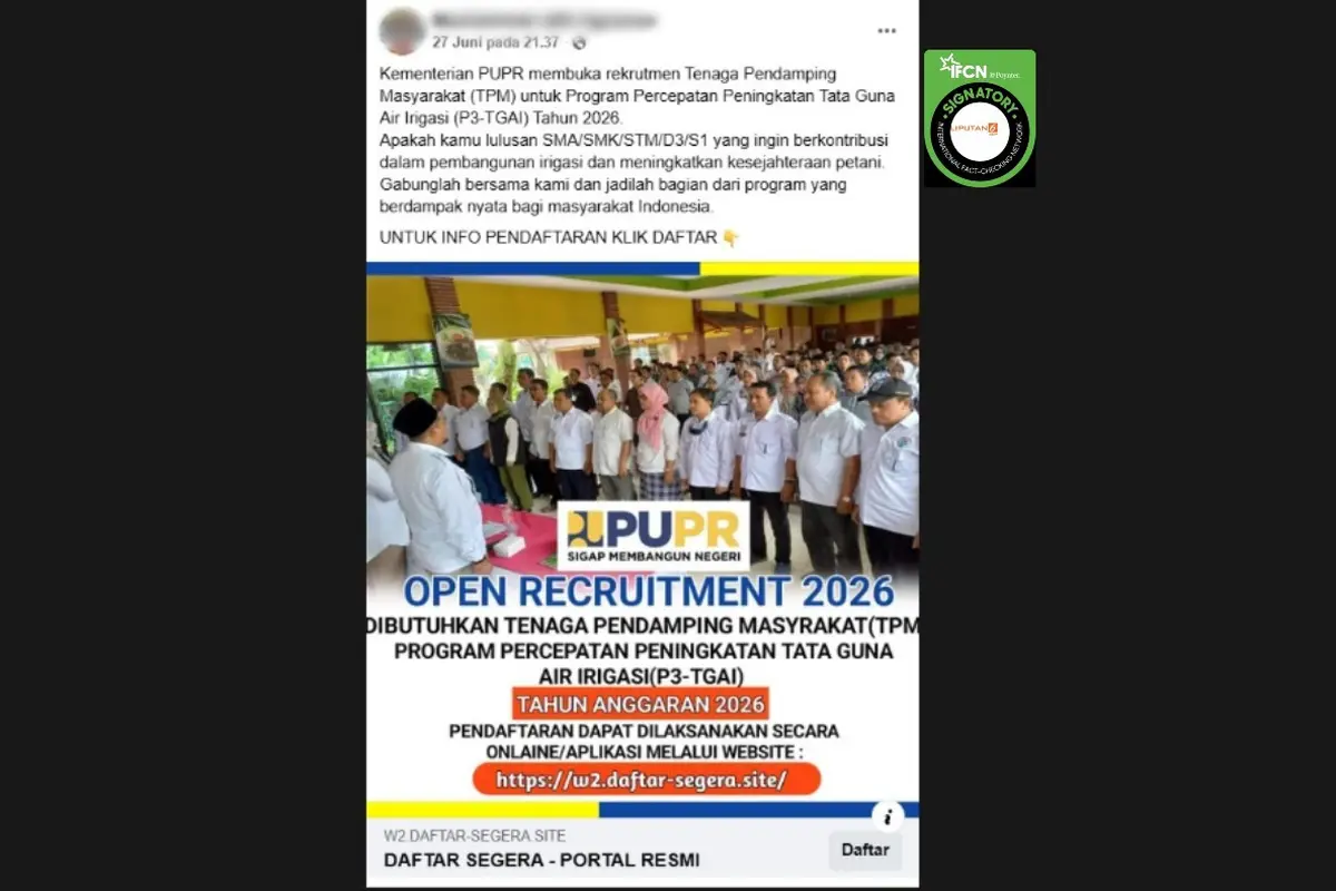 Cek Fakta Liputan6.com mendapati klaim Kementerian PUPR membuka rekrutmen Tenaga Pendamping Masyarakat P3-TGAI tahun 2026 disertai link pendaftaran