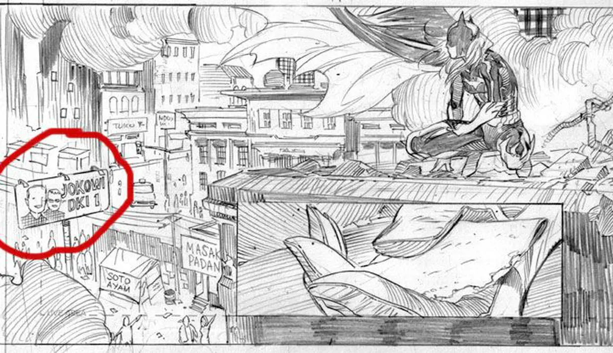 Ini adalah sketsa asli komik Batman The New 52! bernomor 9: Night of The Owls. Pembuatnya adalah Ardian Syaf (33), pria asal Jawa Timur. Jasanya dipakai DC Comics karena kualitas gambarnya yang keren (Istimewa)