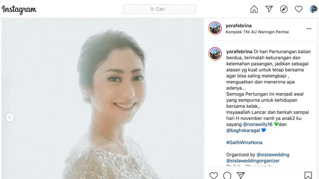 Unggahan ibunda Nikita Willy soal lamaran Winona Willy. (Foto: Instagram @yorafebrina)