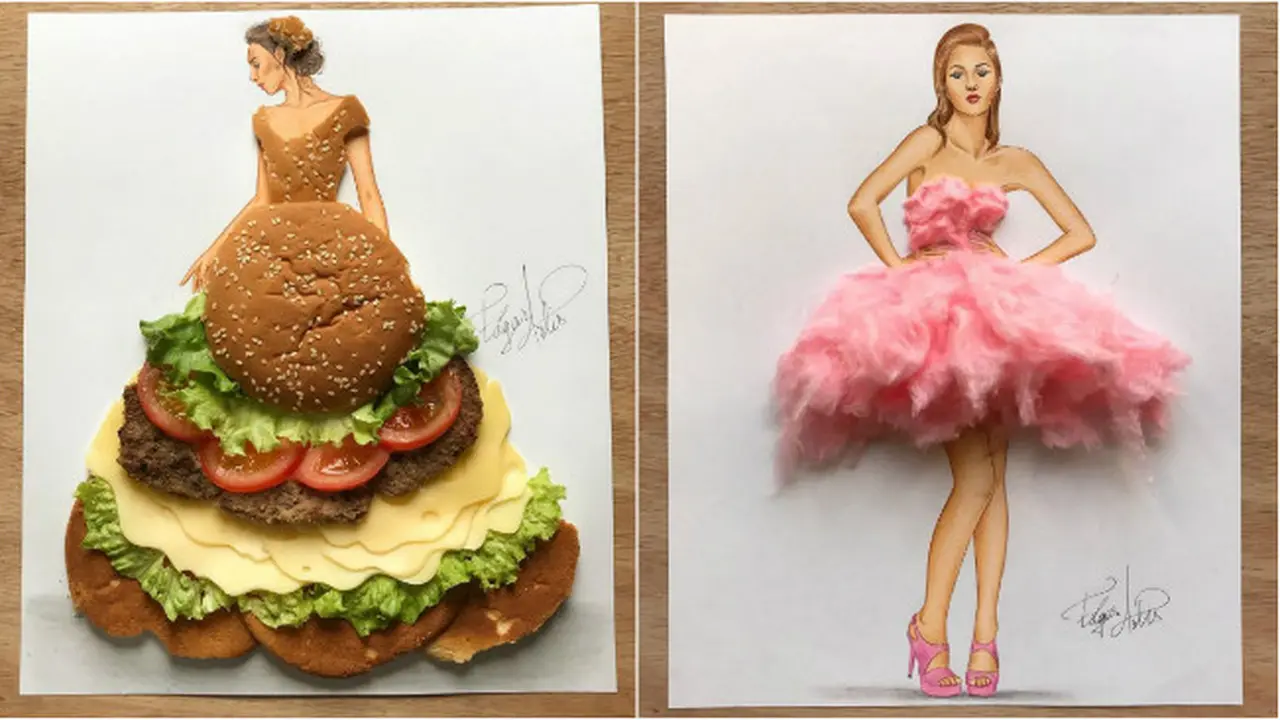 Seorang perancang busana memberi sentuhan kreatif dengan menambahkan makanan-makanan tertentu pada sketsa baju yang dibuatnya.
