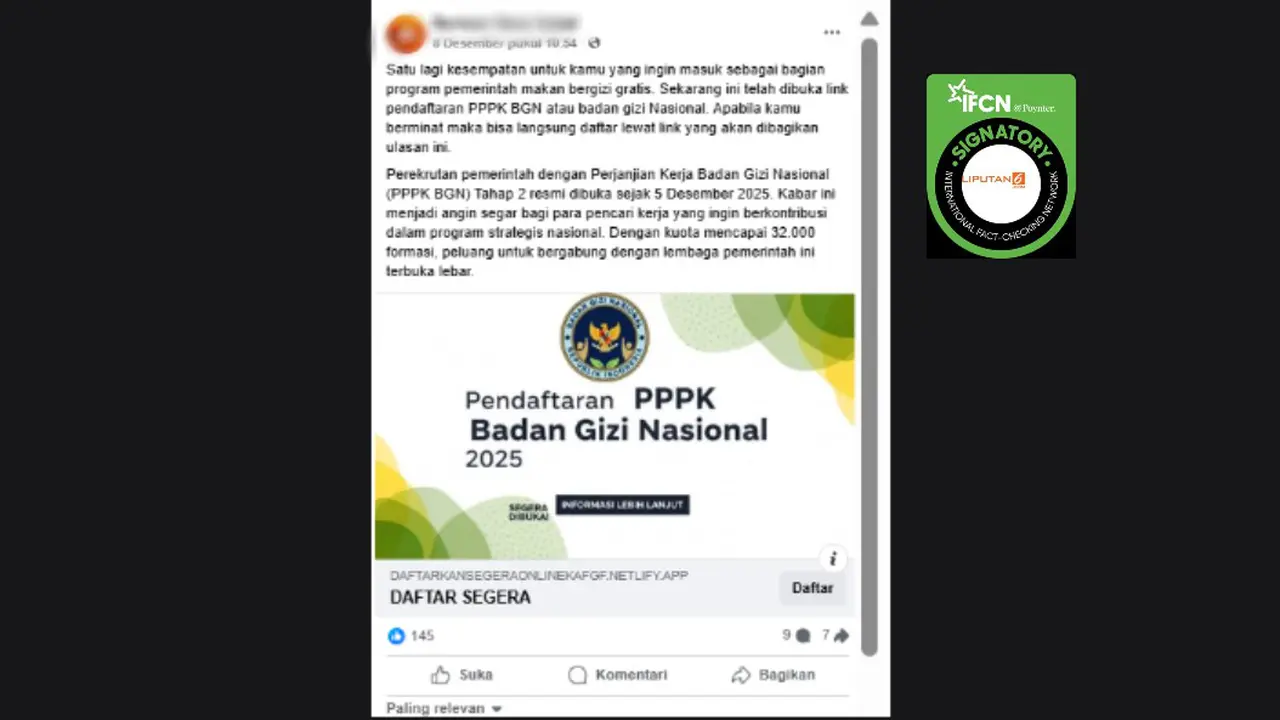 Tangkapan layar klaim link pendaftaran PPPK Badan Gizi Nasional yang beredar di Facebook. Cek faktanya