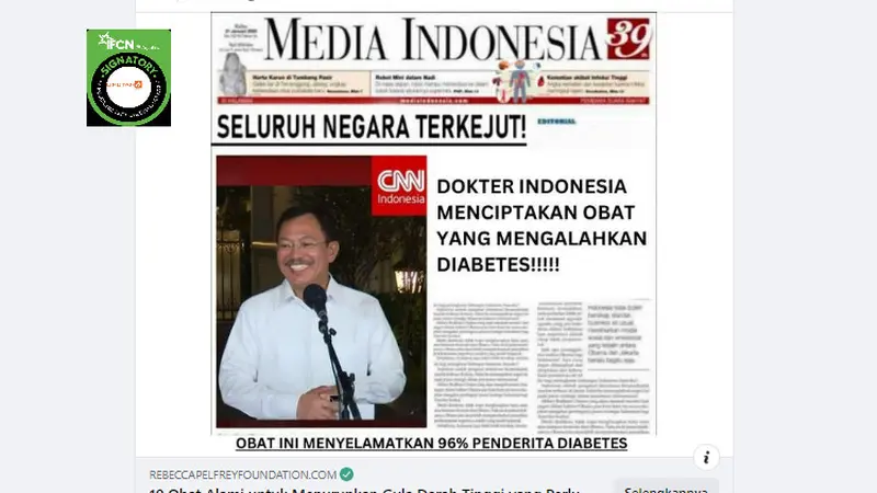 Tangkapan layar klaim headline pemberitaan koran dokter Indonesia ciptakan obat diabetes