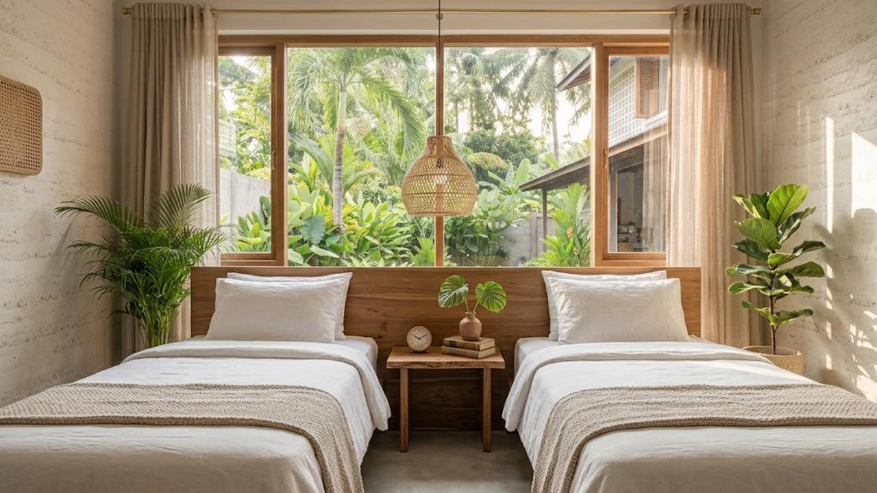 Meja Mungil di Antara Dua Tempat Tidur