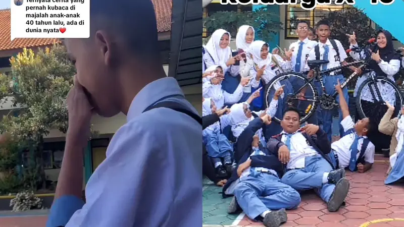 Momen teman sekelas di sebuah SMA di Karanganyar Kebumen Jawa Tengah membelikan sepeda untuk Romsi yang ke sekolah jalan kaki. (Dok: TikTok @srihayati999)