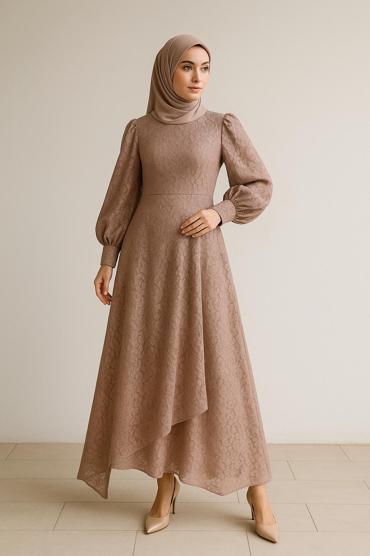 Ilustrasi Gamis A-Line Brokat dengan Lengan Balon