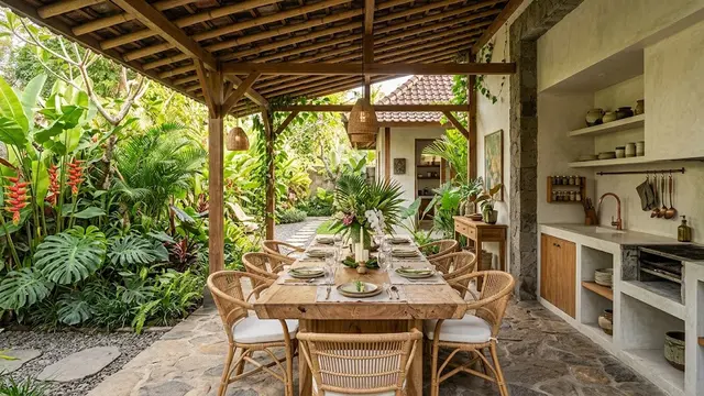 Desain Ruang Makan Semi Outdoor di Antara Dapur dan Taman/AI Generated